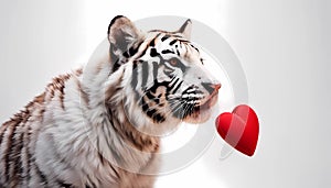 Funny portrait cute puppy tiger holding red heart in mouth isolated on white background, close up