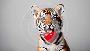 Funny portrait cute puppy tiger holding red heart in mouth isolated on white background, close up