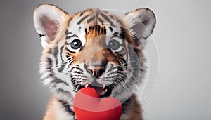 Funny portrait cute puppy tiger holding red heart in mouth isolated on white background, close up