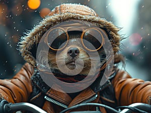 Funny portrait of dog in motorcycle helmet and goggles on background of falling snow