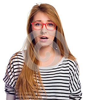Funny portrait of excited woman wearing glasses eye wear. Woman making funny face expression isolated on white background