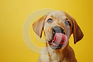 Funny portrait hungry puppy dog licking its lips with tongue. Isolated on yellow solid background. funny dog shows tongue. Hungry