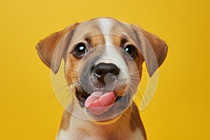 Funny portrait hungry puppy dog licking its lips with tongue. Isolated on yellow solid background. funny dog shows tongue. Hungry