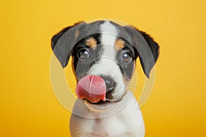 Funny portrait hungry puppy dog licking its lips with tongue. Isolated on yellow solid background. funny dog shows tongue. Hungry