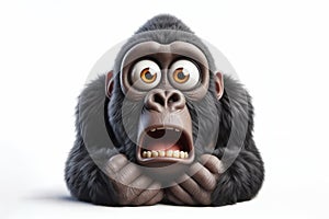 Funny Portrait of surprised Gorilla Monkey with bulging big eyes on solid white background. ai generative