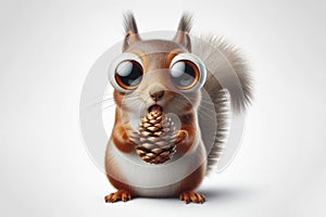 Funny Portrait of surprised squirrel eating a pine cone with bulging big eyes on solid white background. ai generative