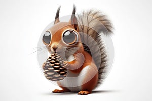 Funny Portrait of surprised squirrel eating a pine cone with bulging big eyes on solid white background. ai generative