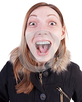 Funny portrait of a woman screaming.