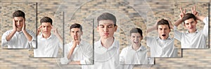 Funny portrait of young man against brick wall