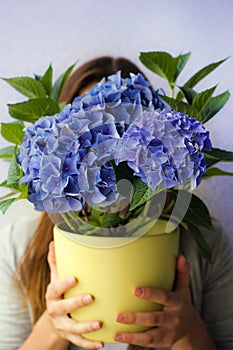 Funny portreit of girl holding in front of face flower with hydrangea