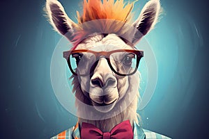Funny poster. Portrait of anthropomorphic Llama Alpaka in a red glasses, dressed in a shirt