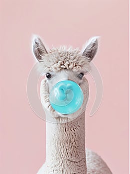 Funny poster. portrait of white alpaca blowing blue bubble gum, on a solid pink background, in a minimalist style with
