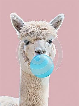 Funny poster. portrait of white alpaca blowing blue bubble gum, on a solid pink background, in a minimalist style with