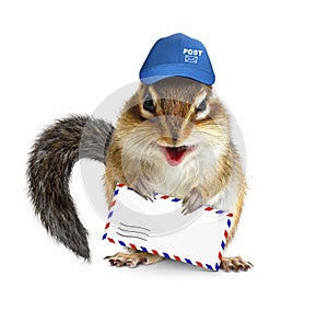 Funny postman chipmunk with air mail letter