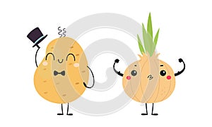 Funny Potato and Onion Vegetable Character with Smiling Face Vector Set