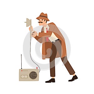 Funny private detective eavesdrop using spy equipment isolated on white. Male cartoon secret agent with mustache solving