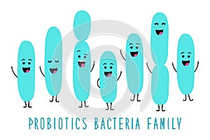 Funny probiotics bacteria family cartoon characters isolated on white, gut and intestinal flora, set in flat style