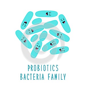 Funny probiotics bacteria family cartoon characters isolated on white, gut and intestinal flora, set in flat style