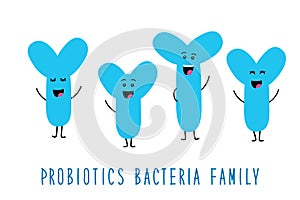 Funny probiotics bacteria family cartoon characters isolated on white, gut and intestinal flora, set in flat style