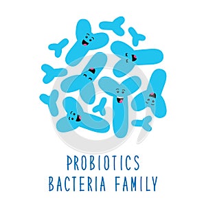 Funny probiotics bacteria family cartoon characters isolated on white, gut and intestinal flora, set in flat style