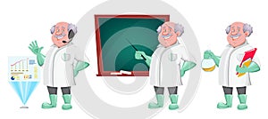 Funny professor cartoon character, set of three poses