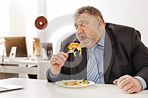 Funny pudgy guy wishing to have some doughnuts