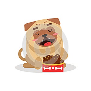 Funny pug dog character sitting beside a full bowl of kibbles vector Illustration