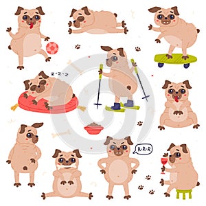 Funny Pug Dog Character with Wrinkly Face Engaged in Different Activity Vector Set