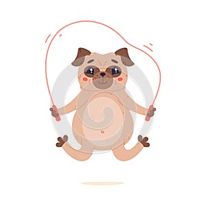 Funny Pug Dog Character with Wrinkly Face Jumping Rope Vector Illustration