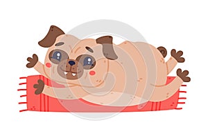 Funny Pug Dog Character with Wrinkly Face Lying on Mat in Yoga Pose Vector Illustration