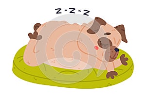 Funny Pug Dog Character with Wrinkly Face Sleeping on Green Cushion Vector Illustration