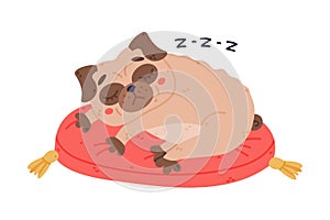 Funny Pug Dog Character with Wrinkly Face Sleeping on Red Cushion Vector Illustration