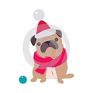Funny Pug Dog in Red Santa Hat and Scarf, Symbol of Xmas and New Year, Happy Winter Holidays Concept Cartoon Style