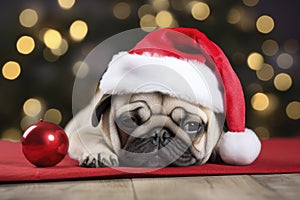 Funny pug Dog with santa hat lying on Christmas light background