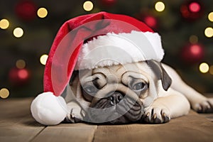 Funny pug Dog with santa hat lying on the floor on Christmas light background