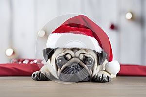 Funny pug Dog with santa hat lying on the floor on Christmas light background