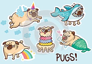 Funny pug dog sticker set. Vector illustration photo