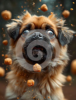 Funny pug dog is trying to catch the cookies