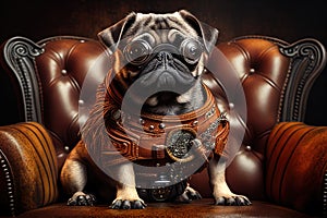 Funny pug dog wearing leather jacket and goggles sitting on leather armchair. Generative AI