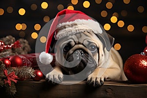 Funny pug dog wearing a Santa hat among Christmas gifts. Cute animals on a New Year's background