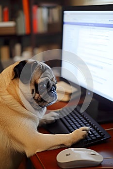 funny pug dog working with personal computer in office, cute doggy work with laptop and typing text