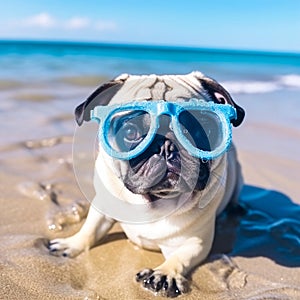 Funny pug with swimming goggles on the beach