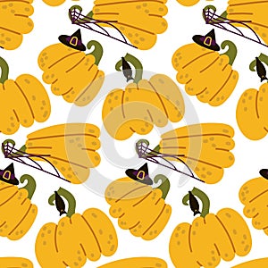 Funny pumpkins with seamless pattern of black bat, witch hat, spider web. Yellow pumpkins on a white background. Seamless cute