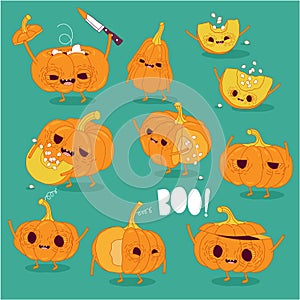 Funny pumpkins wish you a happy halloween. Vector graphics