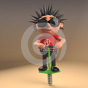 Funny punk rock cartoon character doing the pogo on his pogo stick, 3d illustration