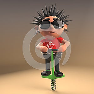 Funny punk rock cartoon character doing the pogo on his pogo stick, 3d illustration photo