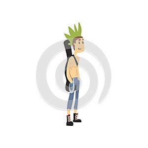 Funny punk rocker with guitar bag on shoulders. Guy with green mohawk dressed in ripped jeans with chain. Cartoon