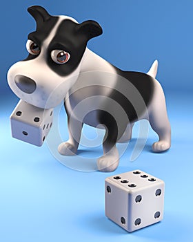 Funny puppy dog gambles with dice, 3d illustration