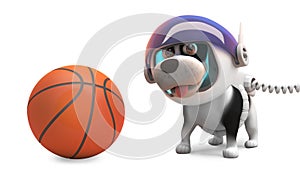 Funny puppy dog in spacesuit playing with basketball, 3d illustration