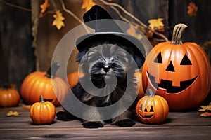 Funny puppy in a hat sitting next to a pumpkin, Halloween, thanksgiving concept
